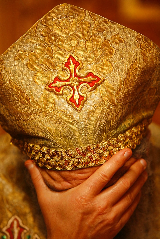 Orthodox Coptic priest praying, Chatenay-Malabry, Hauts-de-Sine, France, Europe