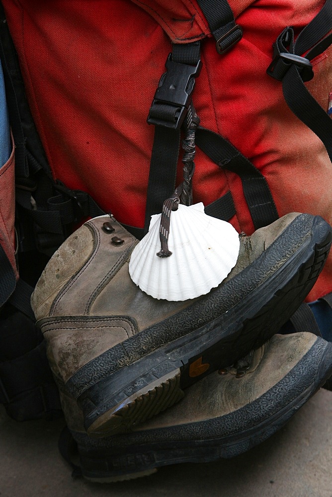 Santiago pilgrims' shoes, St. Jean-Pied-de-Port, Pyrenees Atlantique, France, Europe