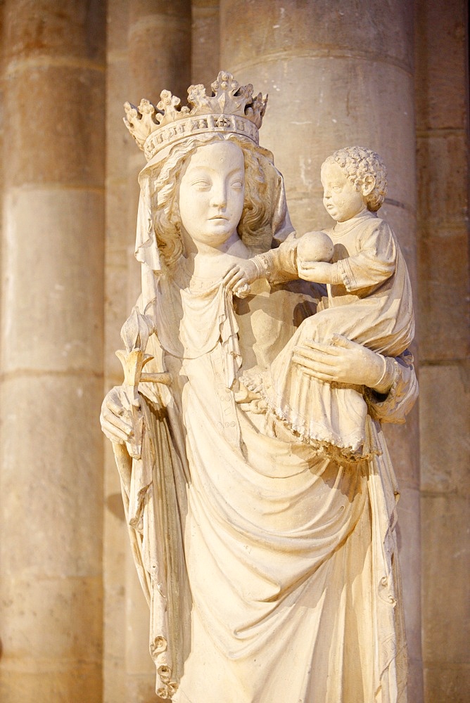 A 14th century Virgin and Child statue in Notre-Dame de Paris cathedral, Paris, France, Europe