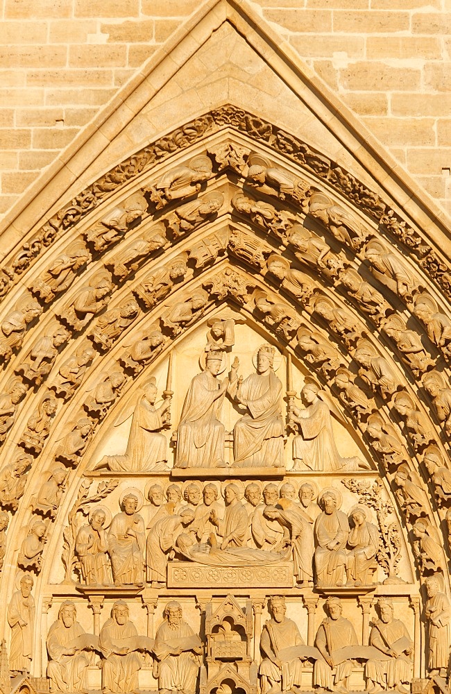 Virgin's Gate tympanum, Notre Dame cathedral west wing, Paris, France, Europe