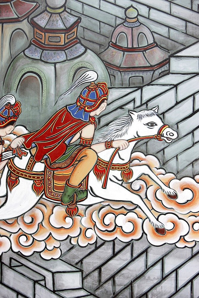 Prince Siddhartha escapes his palace, accompanied by Channa aboard his horse Kanthaka, scene from the life of the Buddha, Seoul, South Korea, Asia