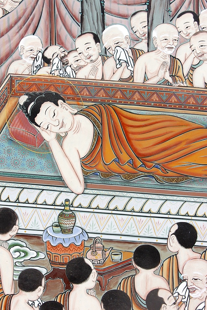 After 45 years of teaching the Dharma, the Buddha passed into Parinirvana, scene from the Life of Buddha, Seoul, South Korea, Asia