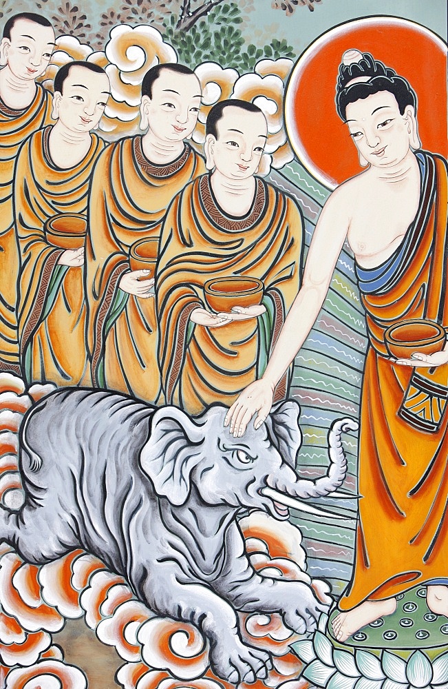 The Buddha taming an elephant, depicted in the Life of Buddha, Seoul, South Korea, Asia