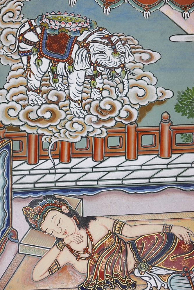 Siddartha Gautama's mother dreaming of a white elephant presenting her with a lotus flower, before the Buddha's birth, depited in the Life of Buddha, Seoul, South Korea, Asia