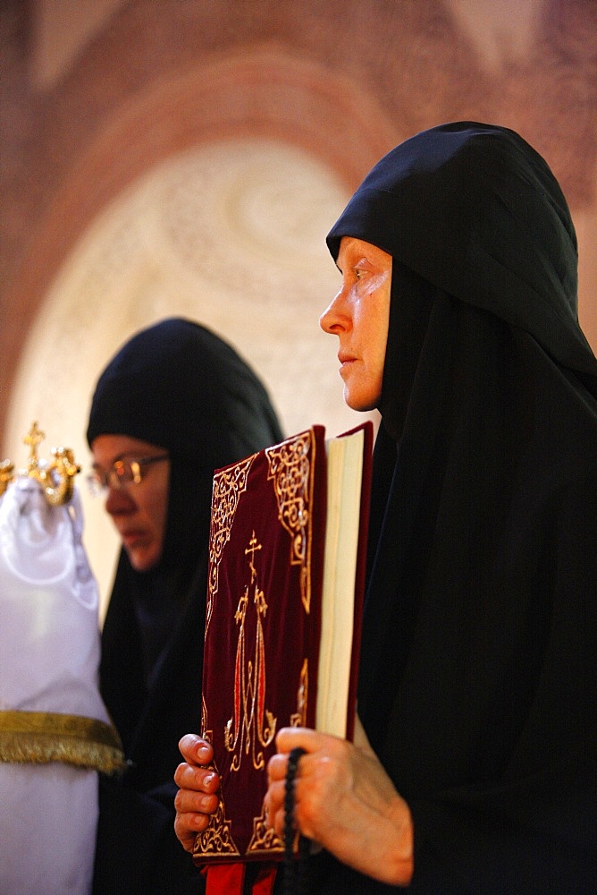 Nuns celebrating Mass in Mary Magdalene Russian Orthodox church on Mount of Olives, Jerusalem, Israel, Middle East