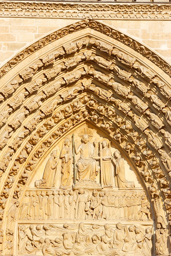 Last Judgment gate tympanum, west front, Notre Dame Cathedral, UNESCO World Heritage Site, Paris, France, Europe