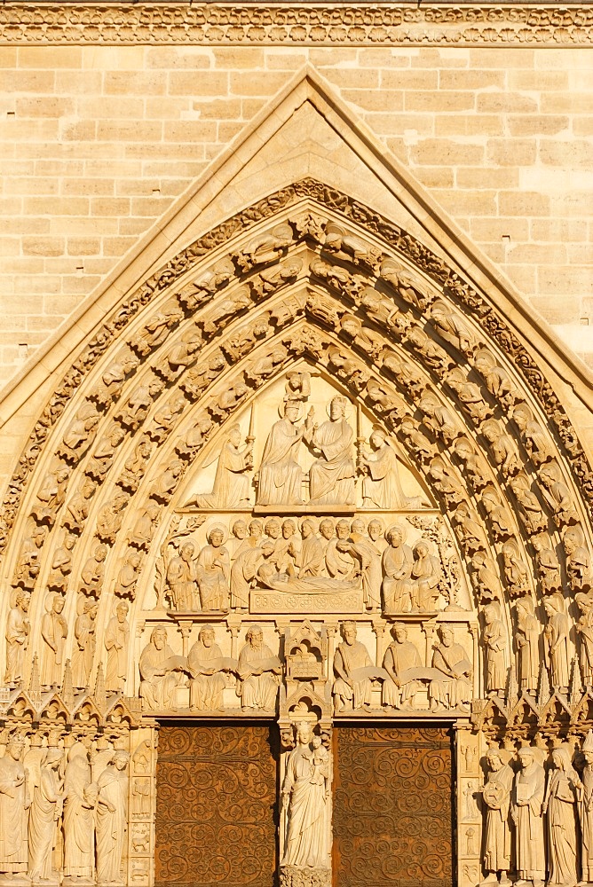 Virgin's Gate tympanum, west front, Notre Dame Cathedral, UNESCO World Heritage Site, Paris, France, Europe