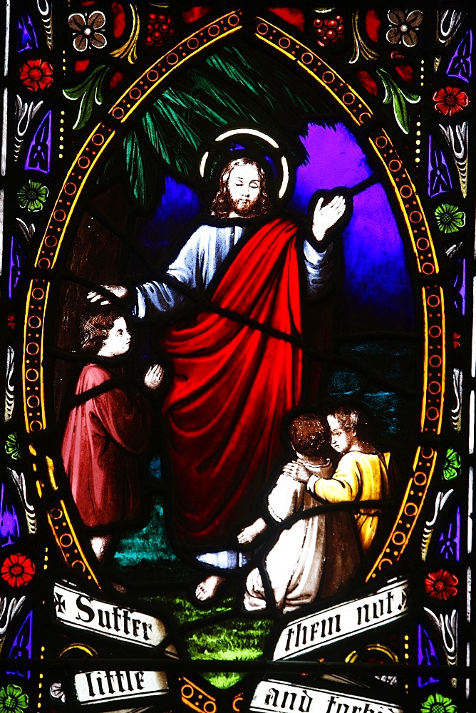 Jesus blessing the children, 19th century stained glass in St. John's Anglican church, Sydney, New South Wales, Australia, Pacific