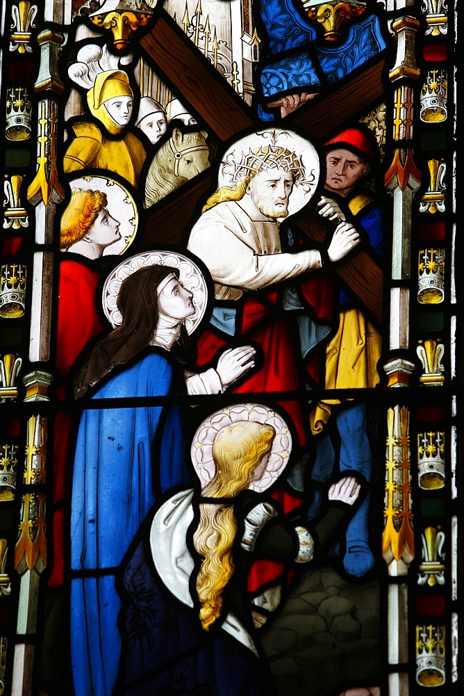 Jesus carrying the cross, 19th century stained glass in St. John's Anglican church, Sydney, New South Wales, Australia, Pacific