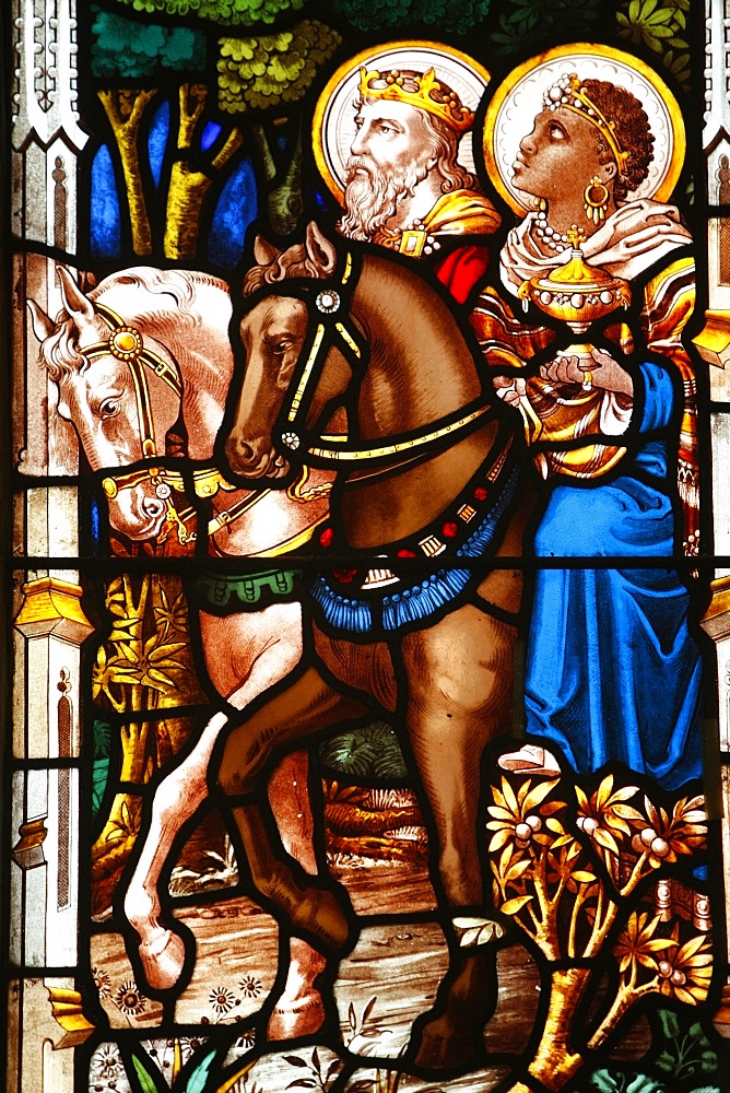 Three Wise Men on horses bearing gifts, 19th century stained glass in St. John's Anglican church, Sydney, New South Wales, Australia, Pacific