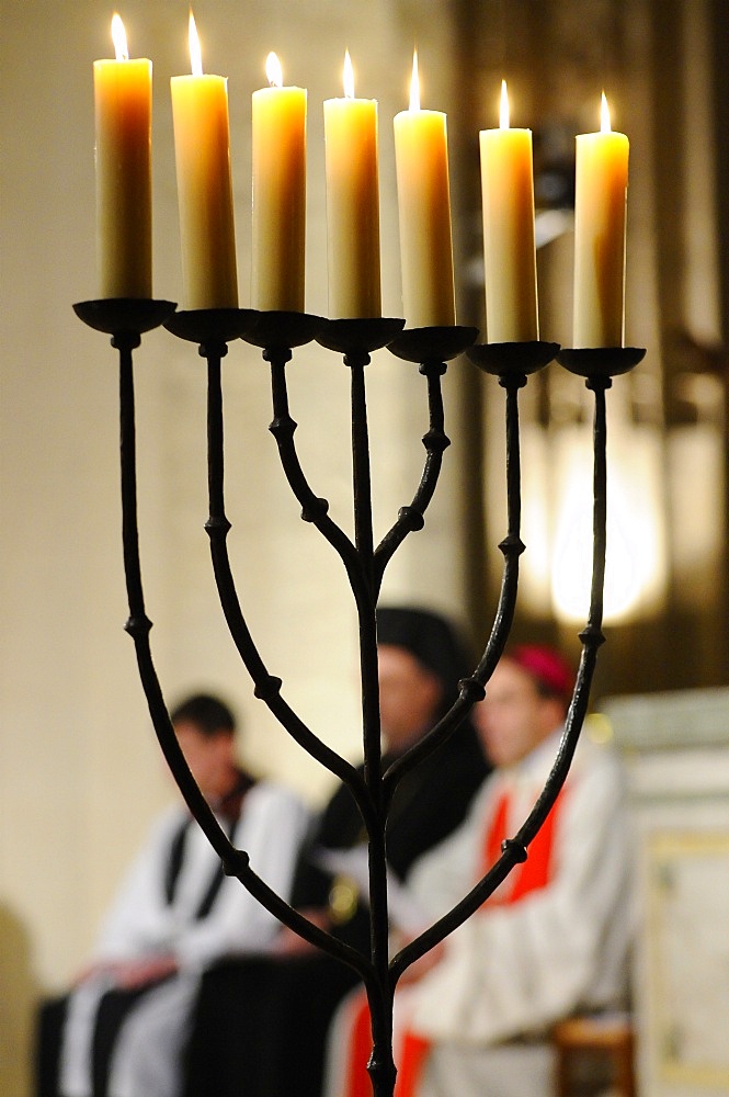 Menora in Catholic church lit during an Ecumenical celebration, Paris, France, Europe