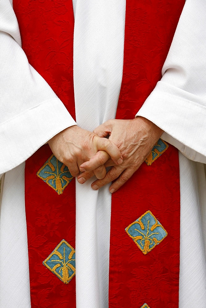 Catholic priest dressed for mass, Pontigny, Yonne, France, Europe