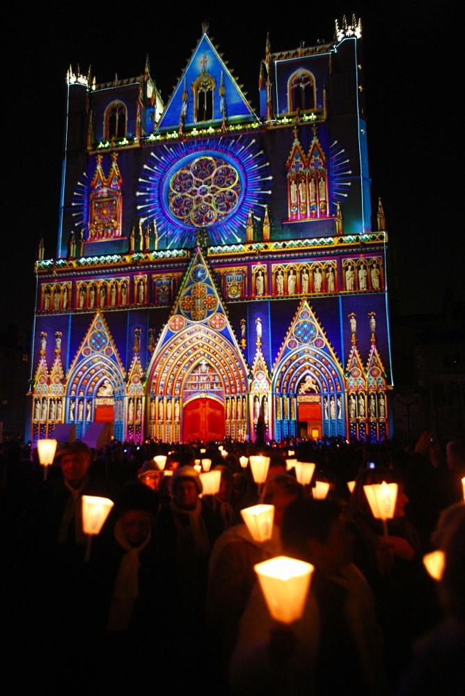 Light festival procession in front of St. Johns Cathedral, Lyon, Rhone, France, Europe