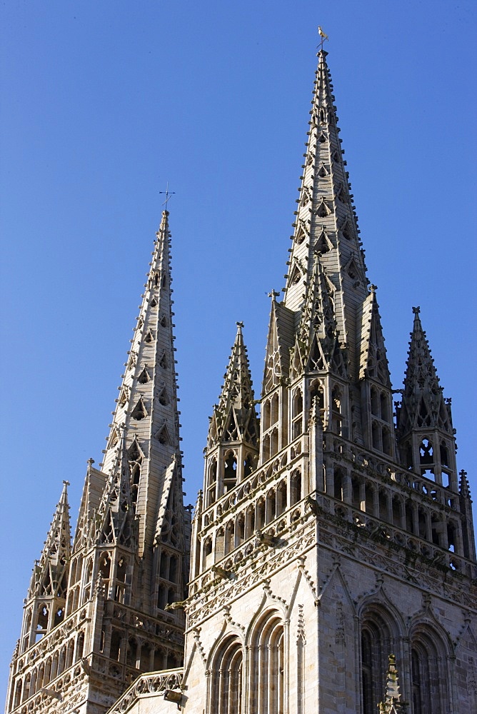 Saint-Corentin cathedral spires, Quimper, Finistere, Brittany, France, Europe