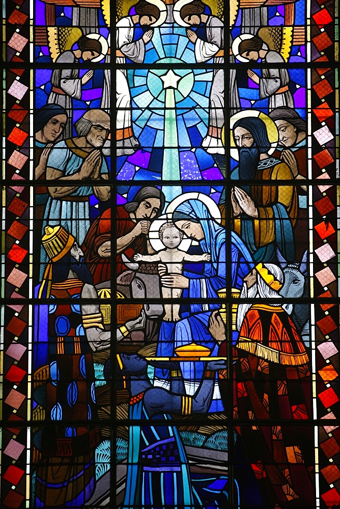 Stained glass of Nativity in Notre Dame du Rosaire Catholic church, Saint-Ouen, Seine-Saint-Denis, France, Europe