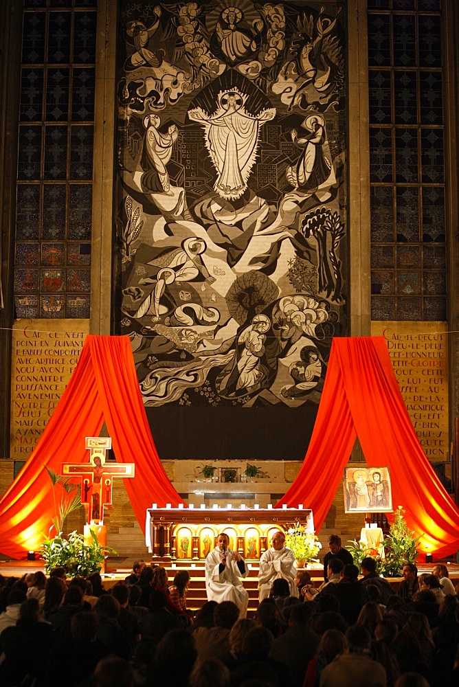 Frere Alois, leader of the Taize community and Mgr Gerard Daucourt, Nanterre bishop, gather with young Christians in a Montrouge church, Hauts-de-Seine, France, Europe