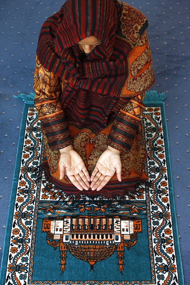 Muslim woman kneeling on prayer mat saying prayers, Jordan, Middle East