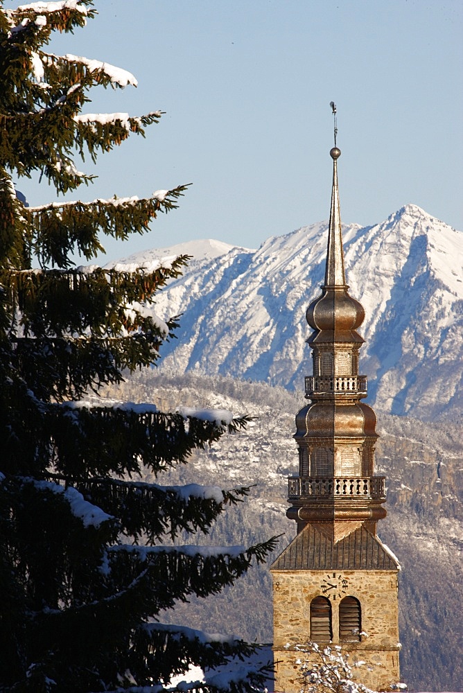 Combloux church spire, Combloux, Haute Savoie, France, Europe