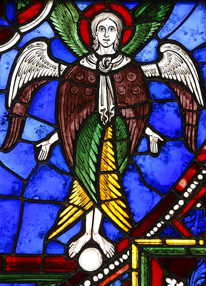 An angel in stained glass, International Stained Glass Centre, Chartres, Eure-et-Loir, France, Europe