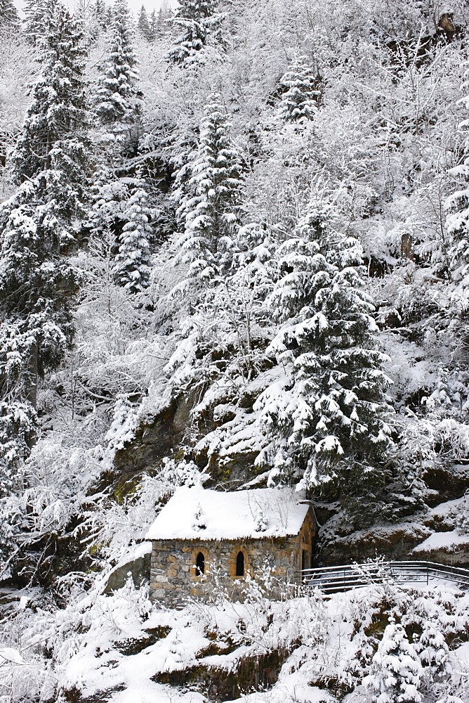 Snowed covered Notre-Dame de la Gorge chapel, Les Contamines, Haute-Savoie, France, Europe