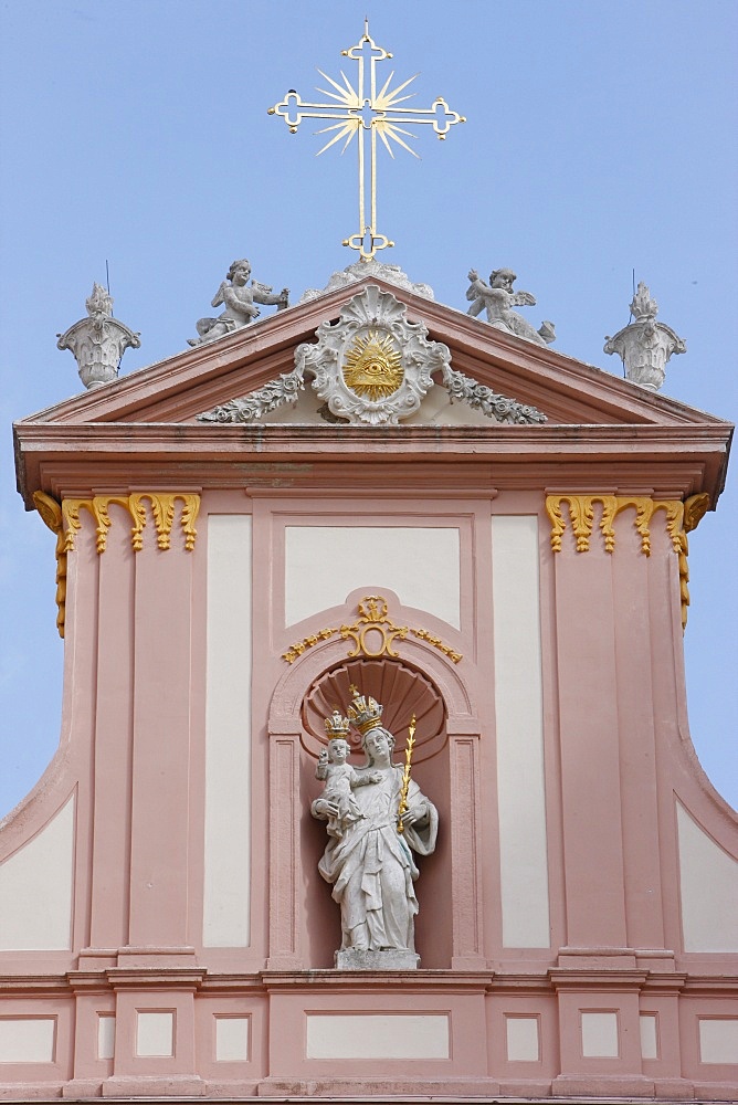 Catholic cross and statue of the Virgin Mary, Gottweig Benedictine abbey, Gottweig, Lower Austria, Austria, Europe