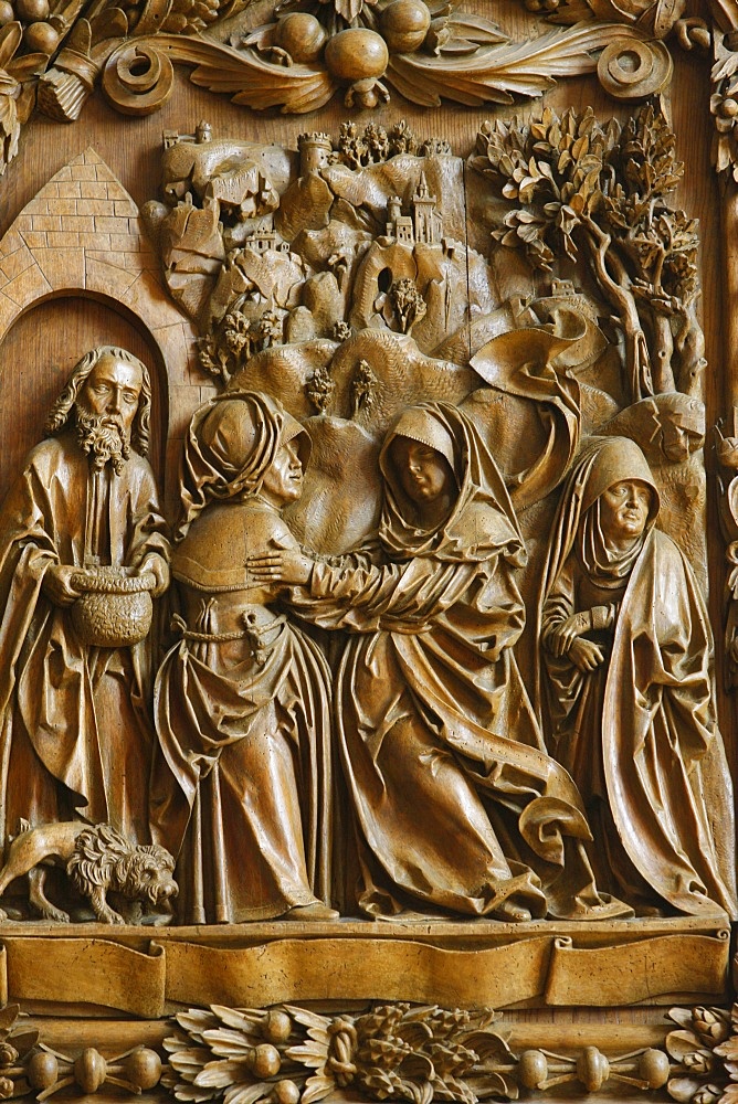 Detail of the Visitation of the Blessed Virgin Mary on the carved altar, dating from 1509, Mauer bei Melk church, Lower Austria, Austria, Europe