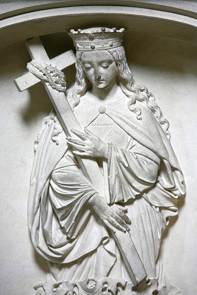 Sculpture of the crowned Virgin carrying a cross, Saint-Pierre de Solesmes Abbey, Solesmes, Sarthe, Pays de la Loire, France, Europe