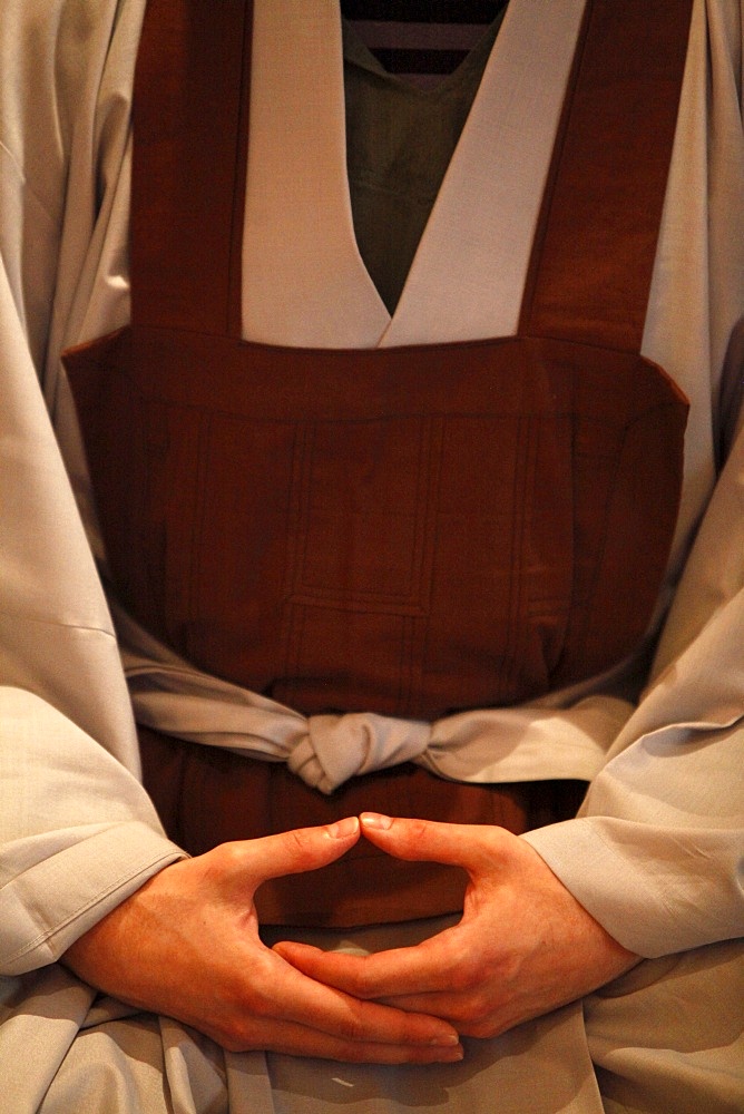 Participant in the Wesak festival celebrating Buddha's birthday, awakening and nirvana, Great Buddhist Temple (Grande Pagode de Vincennes), Paris, France, Europe