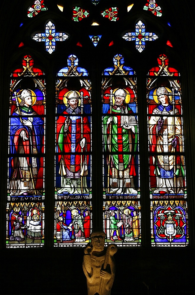 Stained glass of saints from Brittany, including St. Samson, Saint-Samson cathedral, Dol-de-Bretagne, Ille-et-Vilaine, Brittany, France, Europe