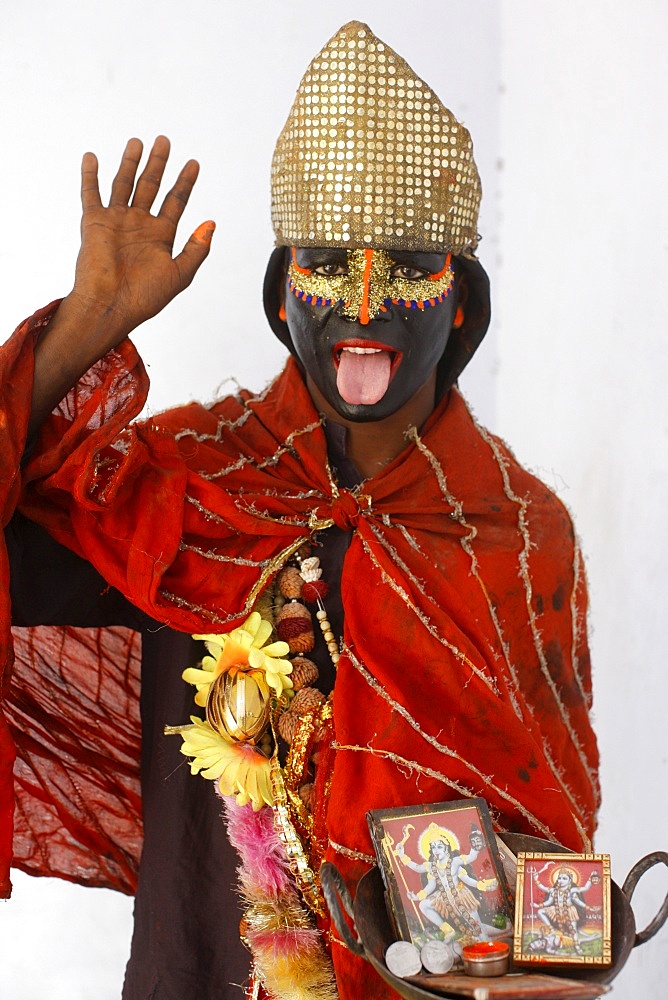 Female sadhu (sadhvia) impersonating goddess Kali at Haridwar Kumbh Mela, Haridwar, Uttarakhand, India, Asia