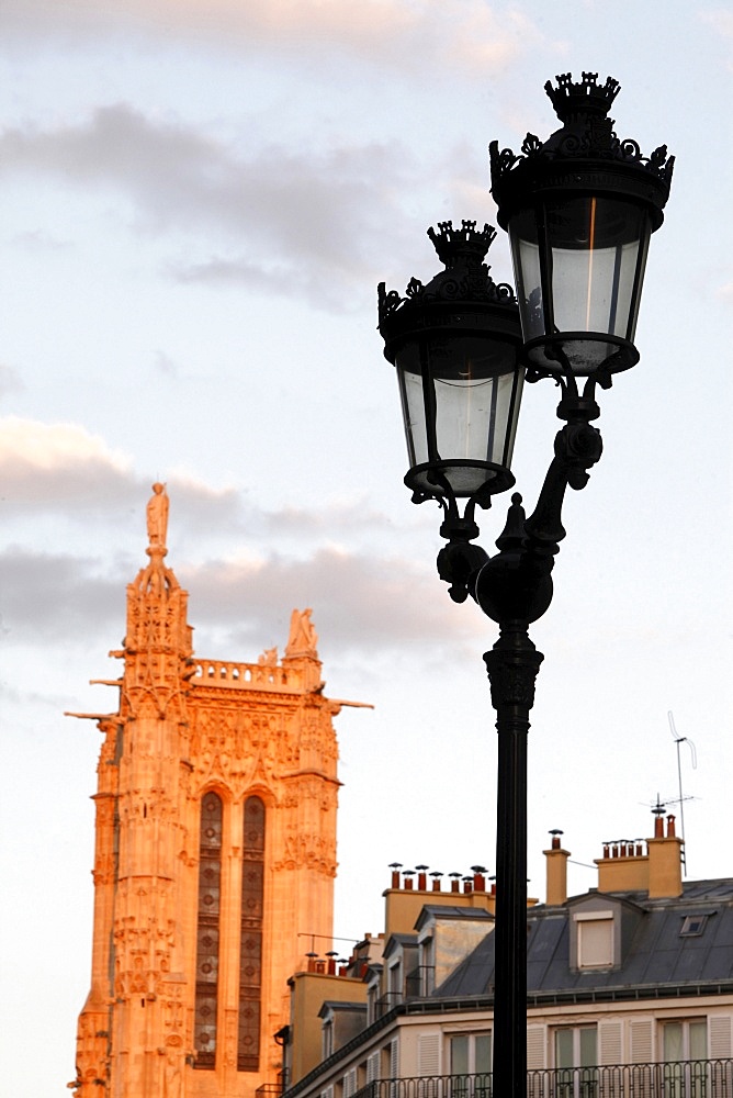 Street lamp and Saint Jacques tower, Paris, France, Europe