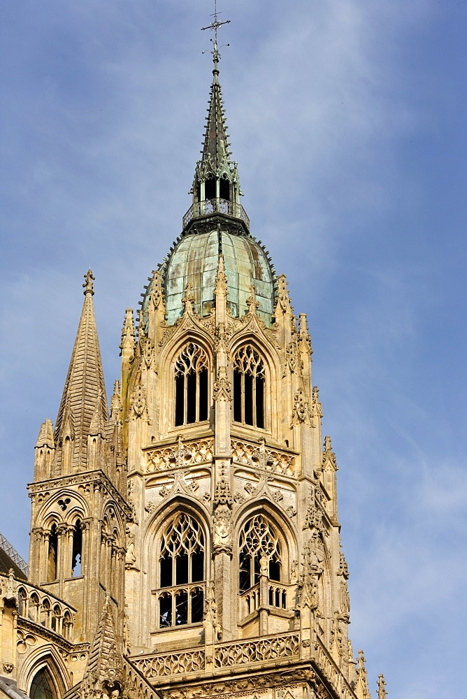 Notre Dame de Bayeux cathedral central tower, Bayeux, Normandy, France, Europe