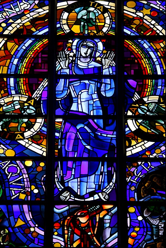 Stained glass of the Virgin Mary in Notre-Dame-de-la-Trinite church by Louis Barillet and Jean Le Chevallier, Blois, Loir-et-Cher, France, Europe