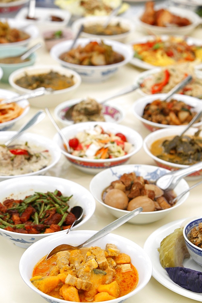 Thai food offered during a festival at Buddhapadipa temple, Wimbledon, London, England, United Kingdom, Europe