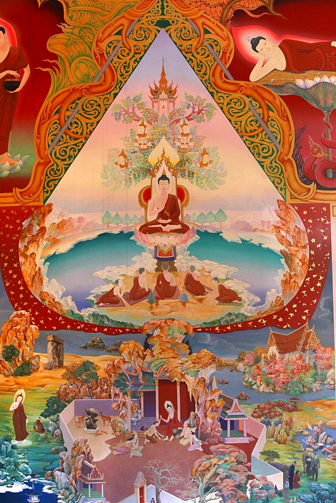 Detail of a mural painting in the Uposatha (shrine hall) of Buddhapadipa temple, Wimbledon, London, England, United Kingdom, Europe