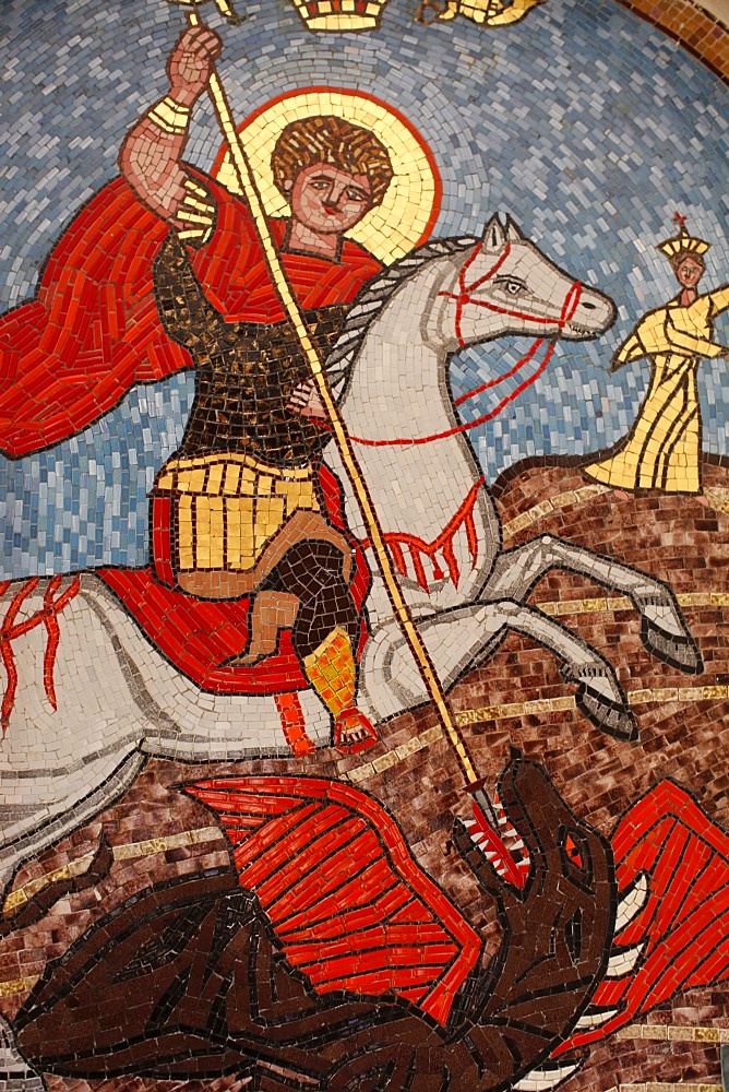 Mosaic of St. George slaying the dragon in St. George Coptic Orthodox church, Cairo, Egypt, North Africa, Africa