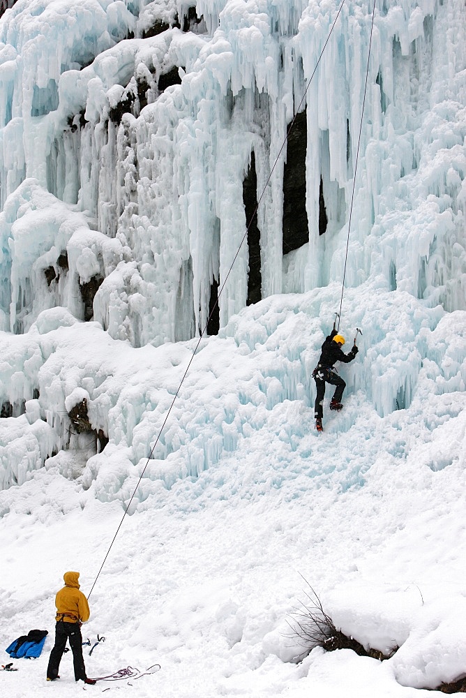 Ice rock climbing, Les Contamines, Haute-Savoie, France, Europe