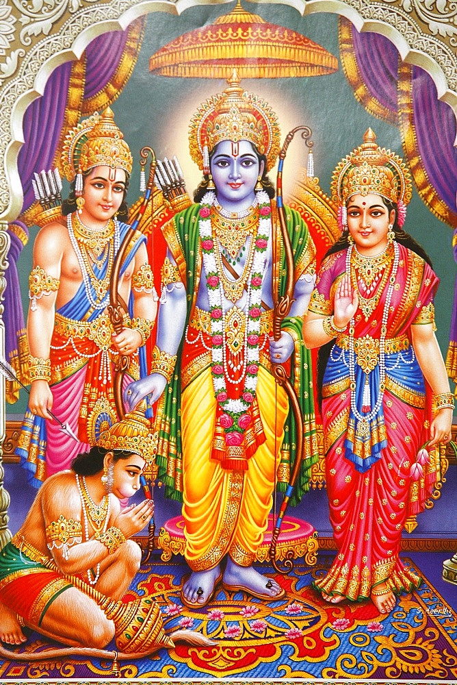 Picture of Hindu gods Laksman, Rama, Sita and Hanuman, India, Asia