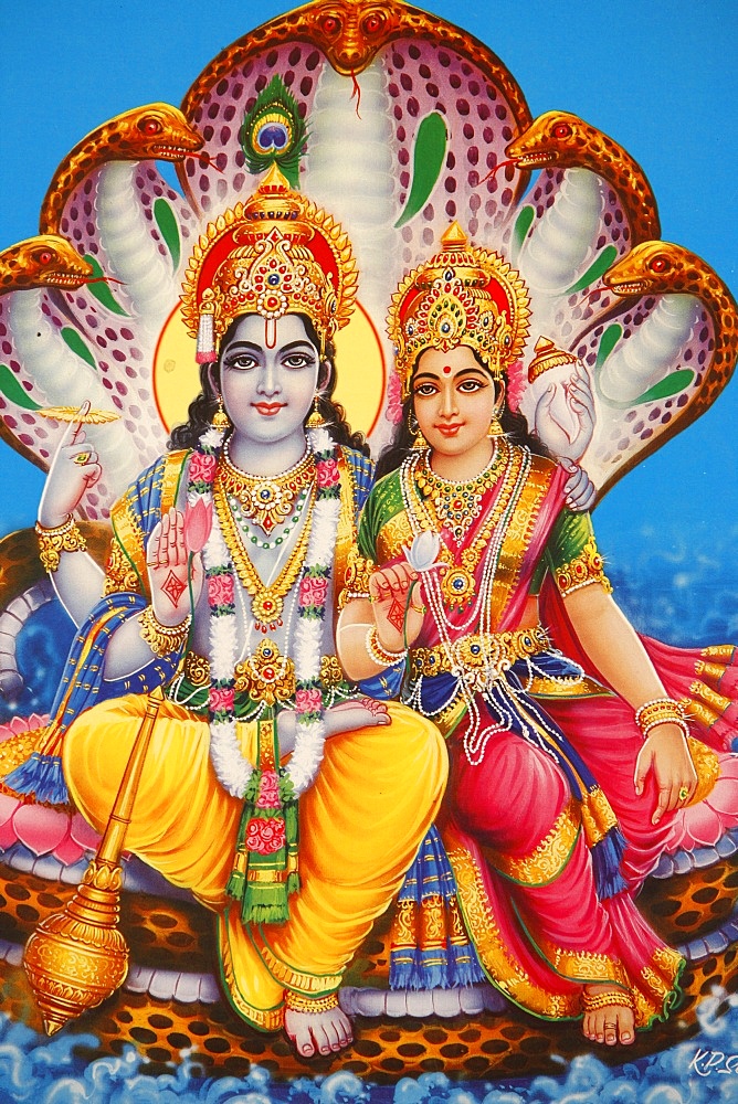 Picture of Hindu gods Visnu and Lakshmi, India, Asia