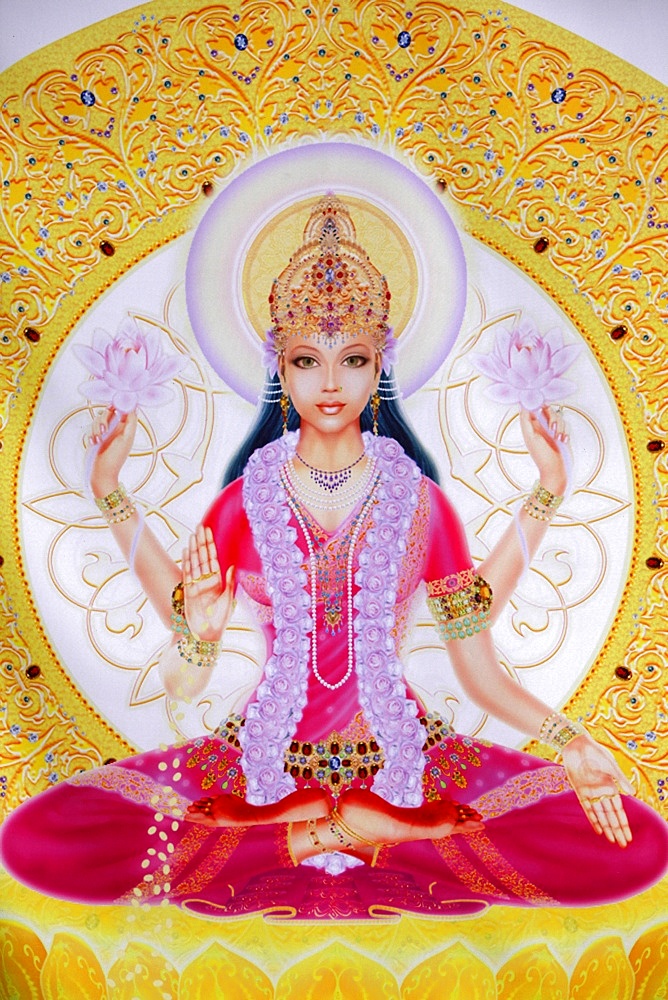 Picture of Lakshmi, goddess of wealth and consort of Lord Vishnu, sitting holding lotus flowers, Haridwar, Uttarakhand, India, Asia