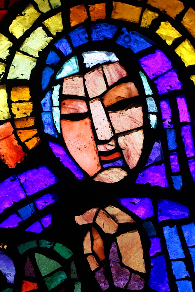 Stained glass by Alexandre Cingria of The Virgin Mary, Notre-Dame des Alpes church, Le Fayet, Haute-Savoie, France, Europe