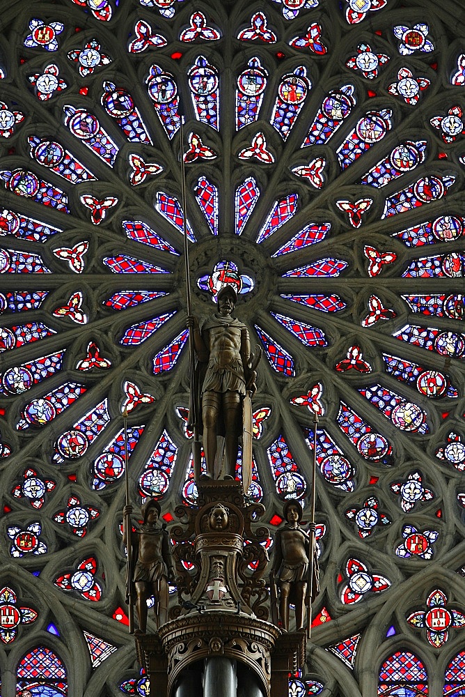 Rose window and statue of St. Maurice above the organ, St. Gatien Cathedral, Tours, Indre-et-Loire, France, Europe