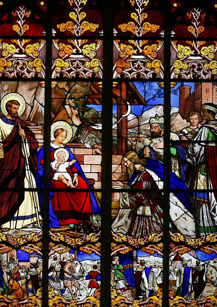 Stained glass window of the visit of the magi, St. Gatien Cathedral, Tours, Indre-et-Loire, France, Europe, Europe