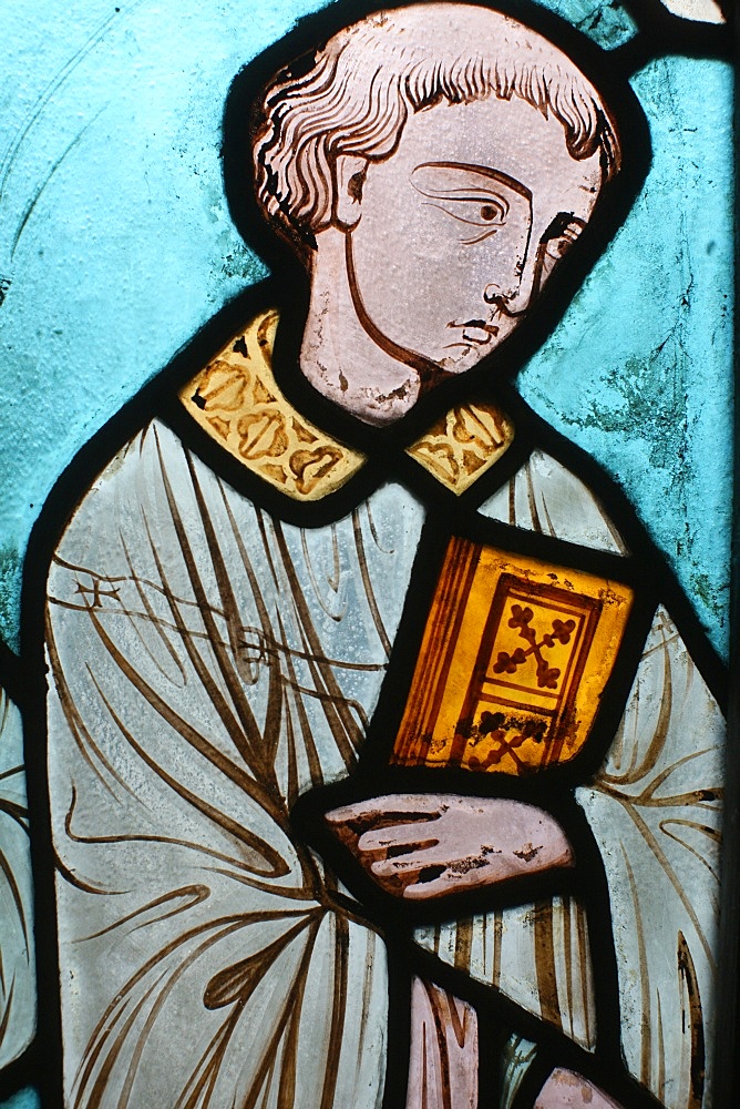 Stained glass in Notre-Dame de Paris cathedral cloister, Paris, France, Europe