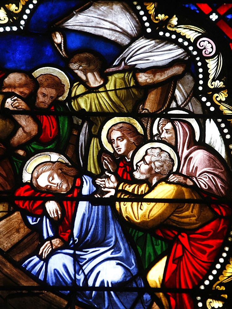 Stained glass of Jesus asleep in the boat during a storm, St. Vincent's cathedral, Chalon-sur-Saone, Saone-et-Loire, Burgundy, France, Europe