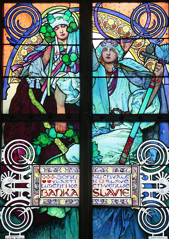 St. Vitus's Cathedral. stained glass of St. Cyril and Methodius by Alfons Mucha, Prague, Czech Republic, Europe