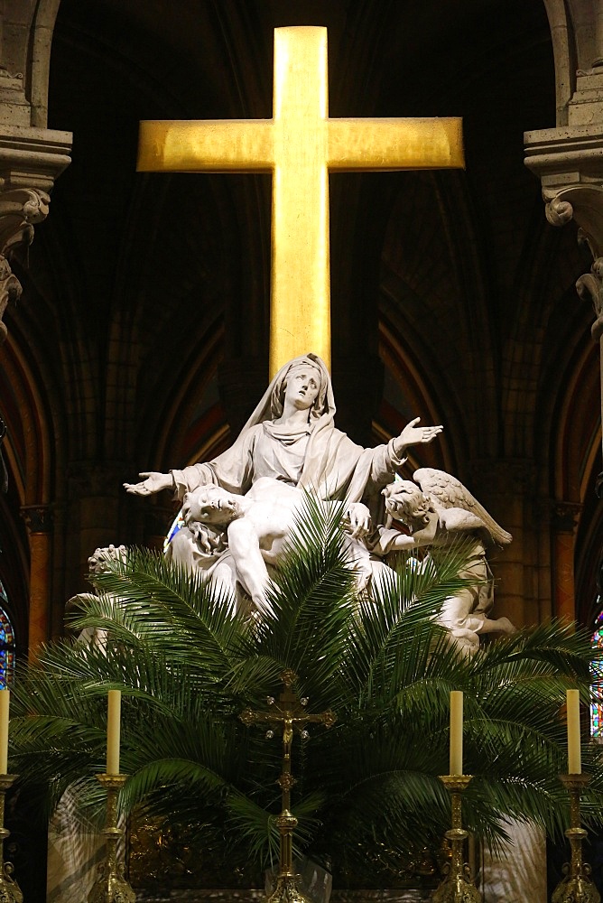 Pieta sculpture on Palm Sunday, Notre Dame Cathedral, Paris, France, Europe