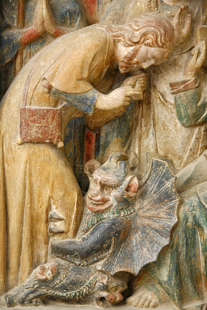 Detail of temptation by the devil, on a 14th century retable depicting St. Thibault's life, Saint-Thibault-en-Auxois, Doubs, France, Europe