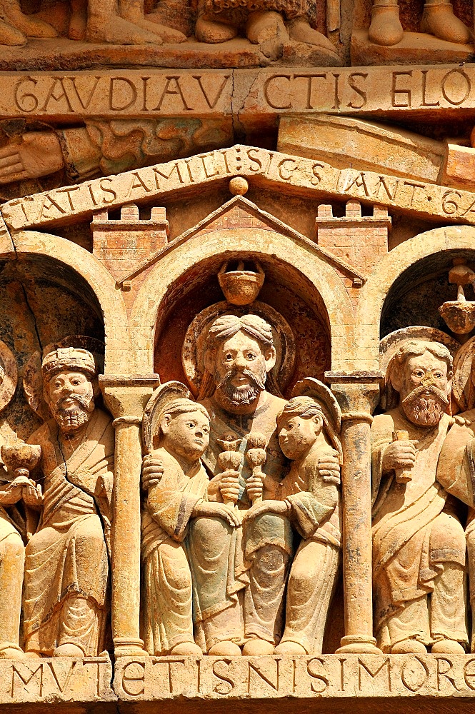 Detail of the tympanum depicting the Last Judgment and Heaven, Sainte-Foy de Conques abbey church, Conques, Aveyron, Midi-Pyrenees, France, Europe