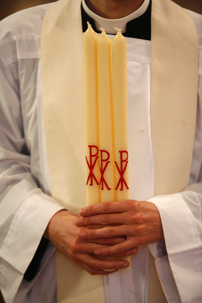 Catholic baptism candles, Chatenay, Saone et Loire, France, Europe